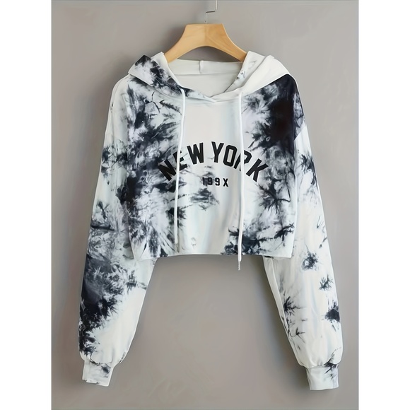 [Tie Dye Crop Hooded Sweatshirt] Tie Dye Crop Hooded Sweatshirt, Letter Print Lo - Picture 1 of 5